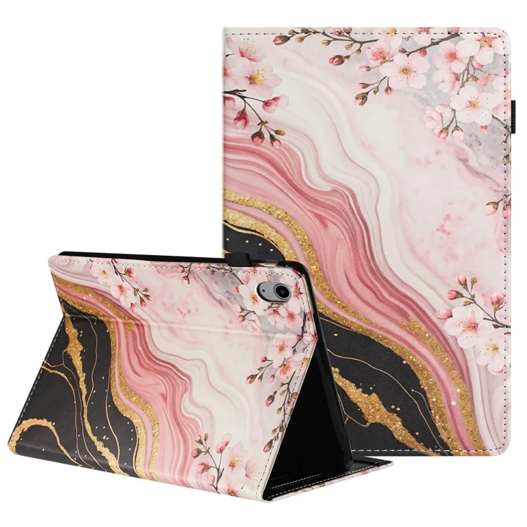 Pour iPad mini (2024) / (2021) Étui de Tablette Motif Texture de Cuir de Litchi avec Impression de Fleurs de Marbre, Housse avec Veille/Réveil Automatique et Porte-Carte