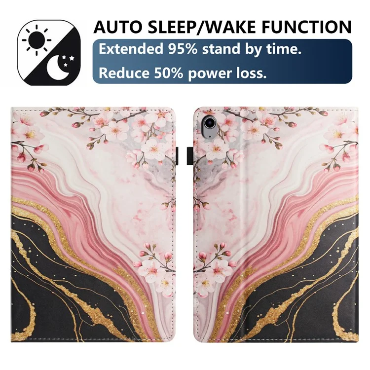Pour iPad mini (2024) / (2021) Étui de Tablette Motif Texture de Cuir de Litchi avec Impression de Fleurs de Marbre, Housse avec Veille/Réveil Automatique et Porte-Carte
