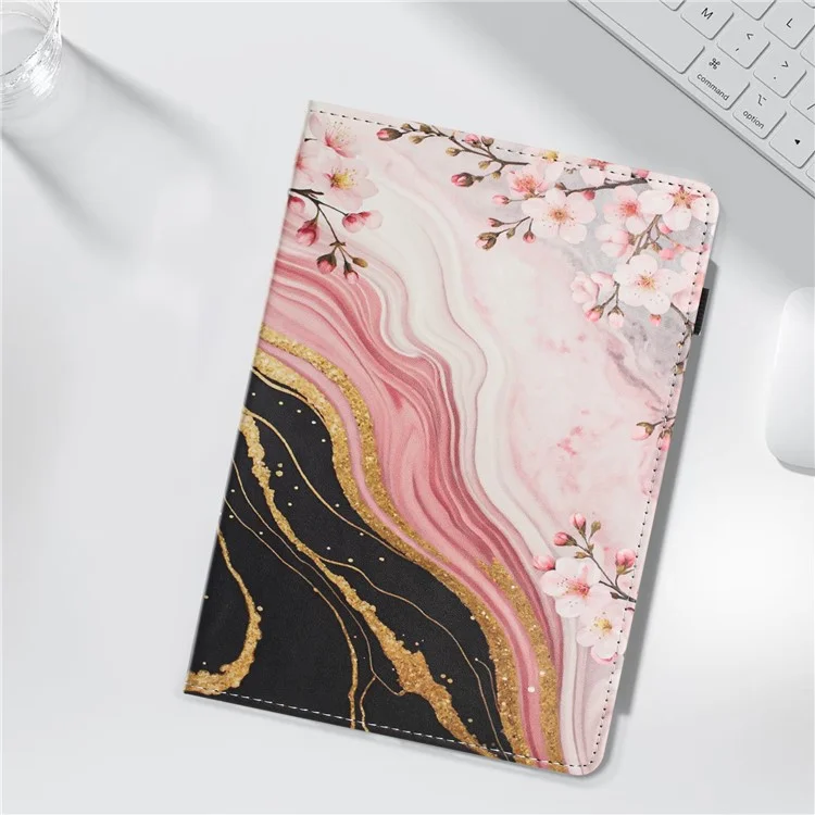 Pour iPad mini (2024) / (2021) Étui de Tablette Motif Texture de Cuir de Litchi avec Impression de Fleurs de Marbre, Housse avec Veille/Réveil Automatique et Porte-Carte