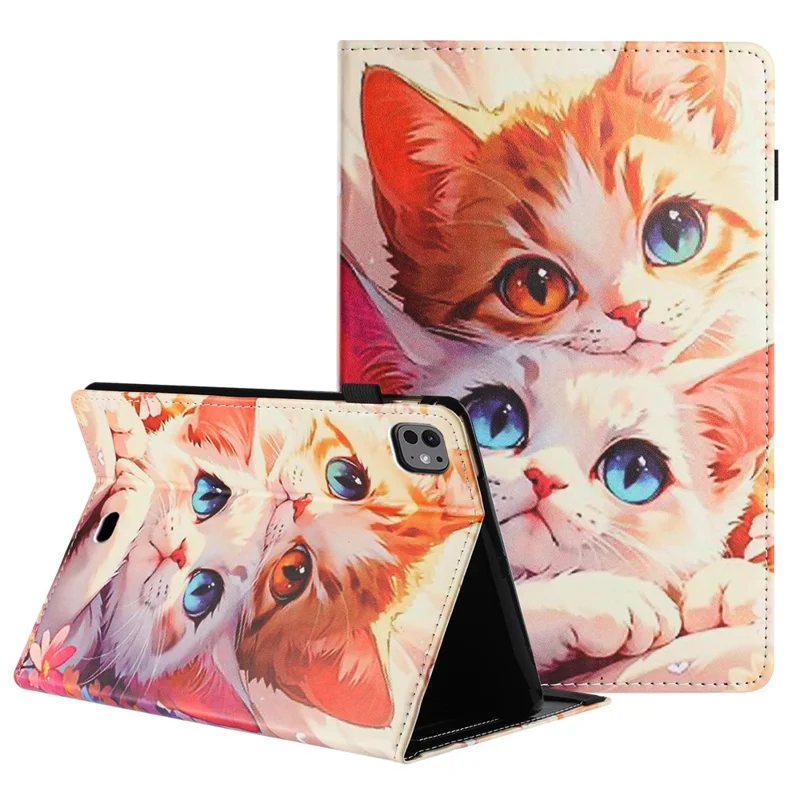 For iPad Pro 11 (2024) Tablet Case Litchi Texture Pattern Printing Leather Cover Auto Sleep  /  Wake with Card Holder - Two Cats