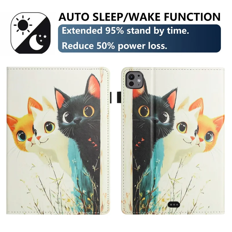 For iPad Pro 11 (2025) / 11 (2024) Tablet Case Litchi Texture Pattern Printing Leather Cover Auto Sleep  /  Wake with Card Holder - Three Cats