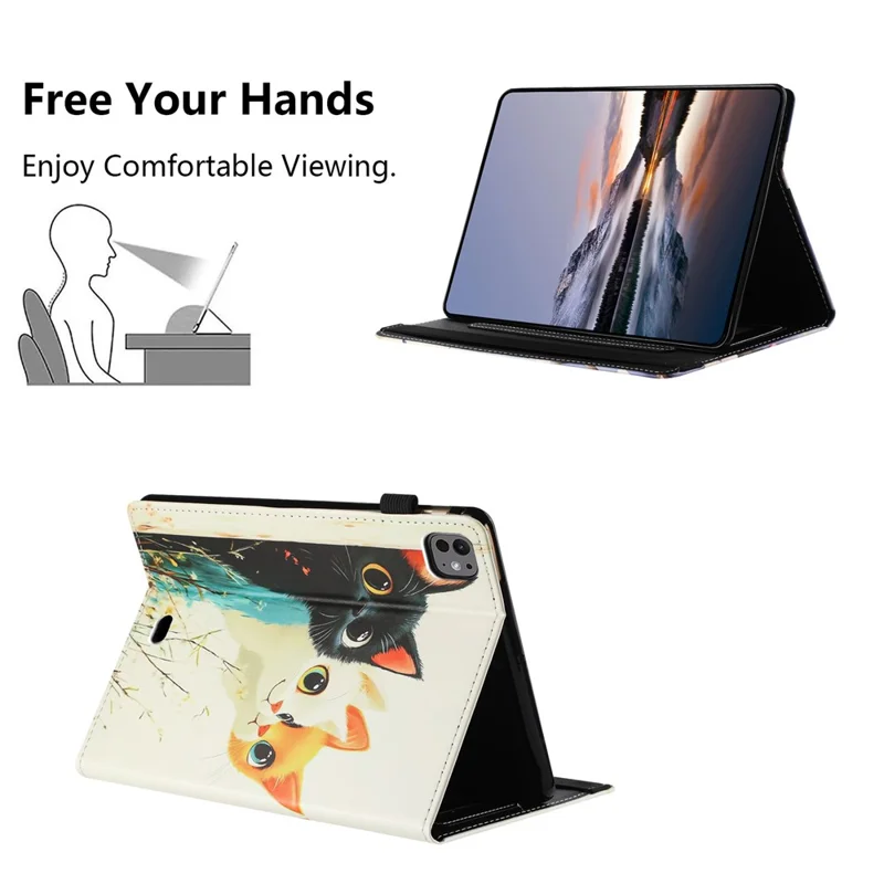 For iPad Pro 11 (2025) / 11 (2024) Tablet Case Litchi Texture Pattern Printing Leather Cover Auto Sleep  /  Wake with Card Holder - Three Cats