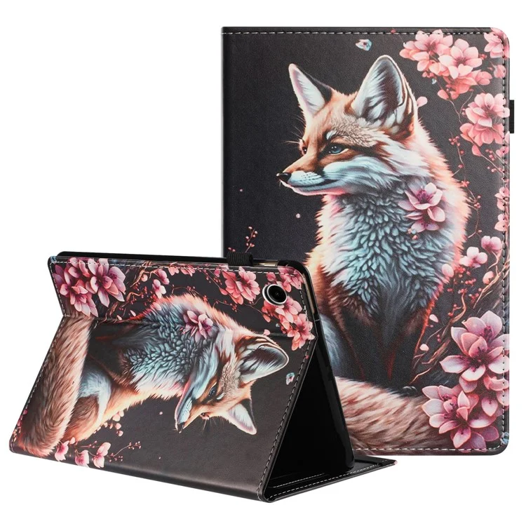 Funda de Cuero con Textura de Cuero de Grano para Samsung Galaxy Tab A9, Patrón de Impresión, Cierre Automático, Soporte para Tarjetas - Zorro