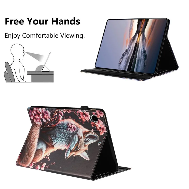 Funda de Cuero con Textura de Cuero de Grano para Samsung Galaxy Tab A9, Patrón de Impresión, Cierre Automático, Soporte para Tarjetas - Zorro