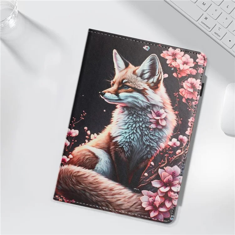 Funda de Cuero con Textura de Cuero de Grano para Samsung Galaxy Tab A9, Patrón de Impresión, Cierre Automático, Soporte para Tarjetas - Zorro