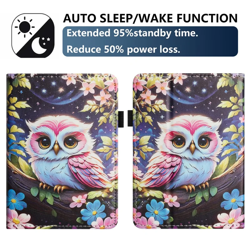 For Amazon Kindle Paperwhite 6 (2024) Tablet Case Litchi Texture Pattern Printing Leather Cover Auto Sleep  /  Wake with Card Holder - Owl