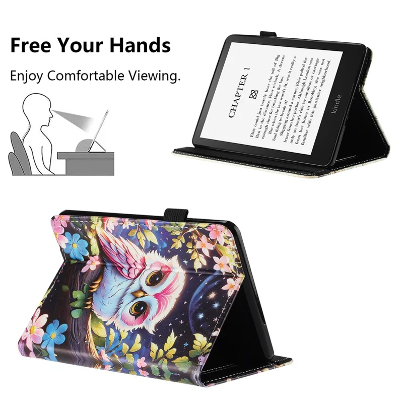 For Amazon Kindle Paperwhite 6 (2024) Tablet Case Litchi Texture Pattern Printing Leather Cover Auto Sleep  /  Wake with Card Holder - Owl