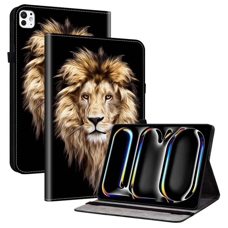 Capa de Couro para iPad Pro 11 (2024) com Estampa de Cabeça de Leão, Suporte e Compartimentos para Cartões
