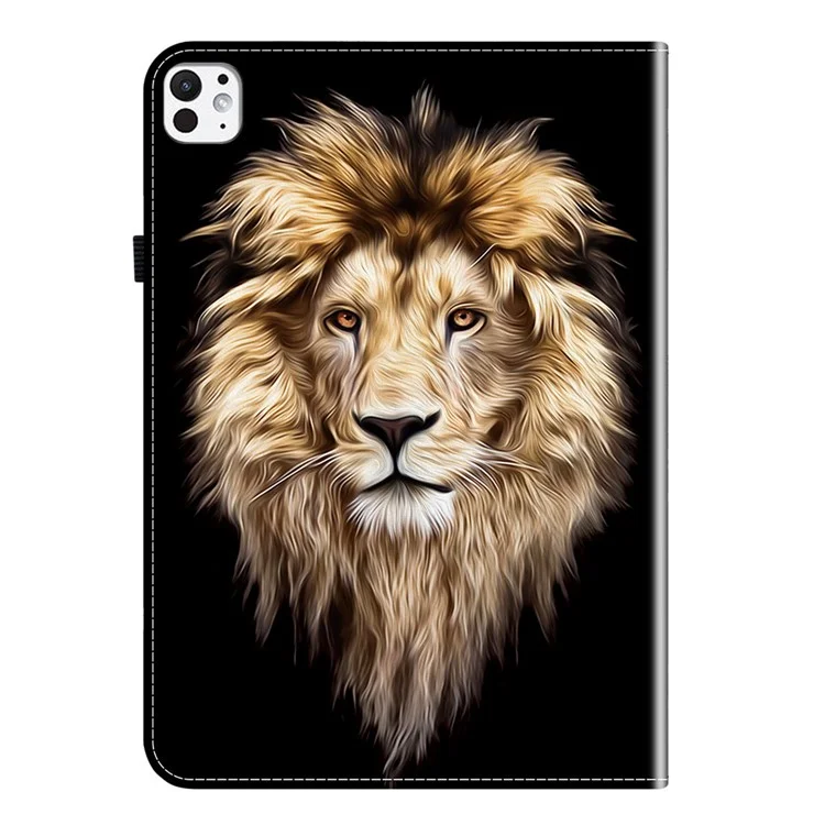 Capa de Couro para iPad Pro 11 (2024) com Estampa de Cabeça de Leão, Suporte e Compartimentos para Cartões