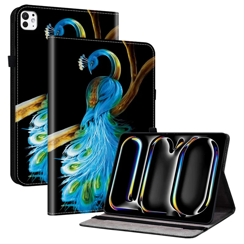 For iPad Pro 13 (2025) / 13 (2024) Leather Case Pattern Printed Stand Tablet Cover with Card Slots - Peacock