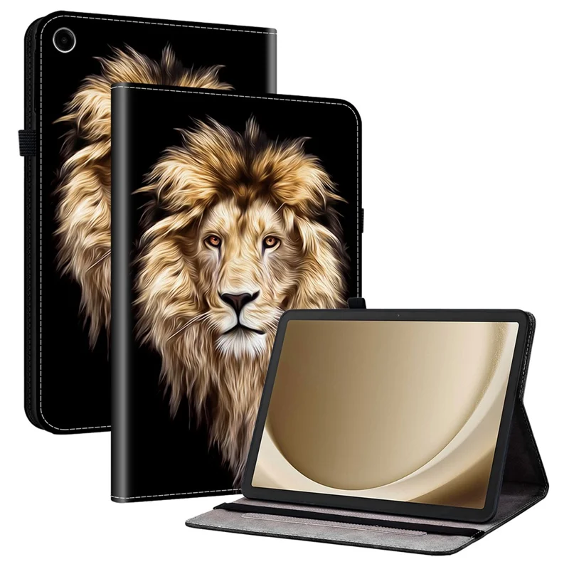 For Samsung Galaxy Tab A9+ Leather Case Pattern Printed Stand Tablet Cover with Card Slots - Lion Head