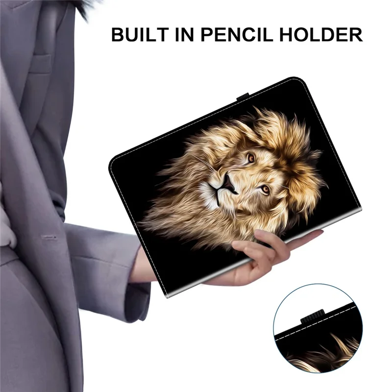 For Samsung Galaxy Tab A9+ Leather Case Pattern Printed Stand Tablet Cover with Card Slots - Lion Head