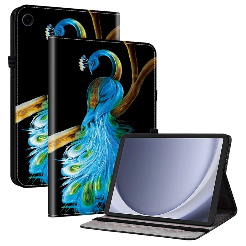 For Samsung Galaxy Tab A9 Leather Case Pattern Printed Stand Tablet Cover with Card Slots - Peacock