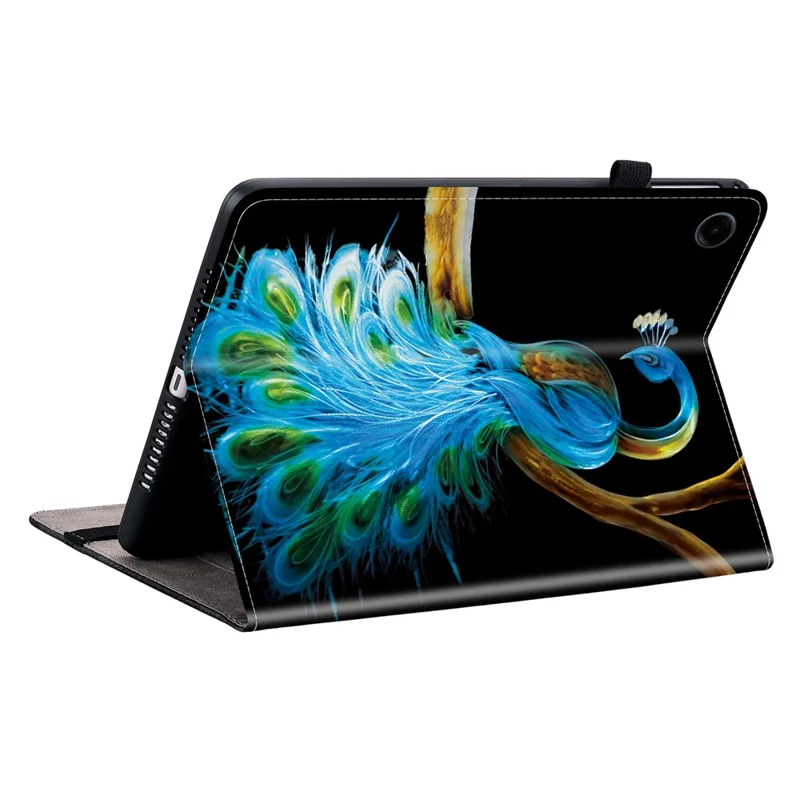 For Samsung Galaxy Tab A9 Leather Case Pattern Printed Stand Tablet Cover with Card Slots - Peacock