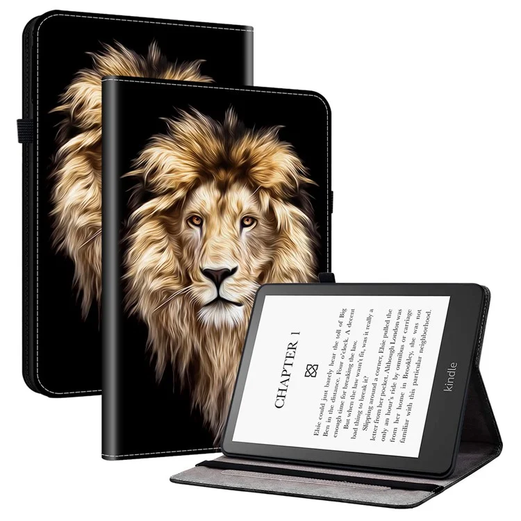 Capa de Couro para Kindle Paperwhite (2024) com Estampa Padrão, Suporte e Compartimentos para Cartões - Cabeça de Leão