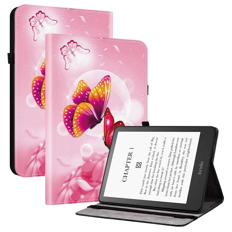 For Amazon Kindle Paperwhite (2024) Leather Case Pattern Printed Stand Tablet Cover with Card Slots - Pink Butterfly