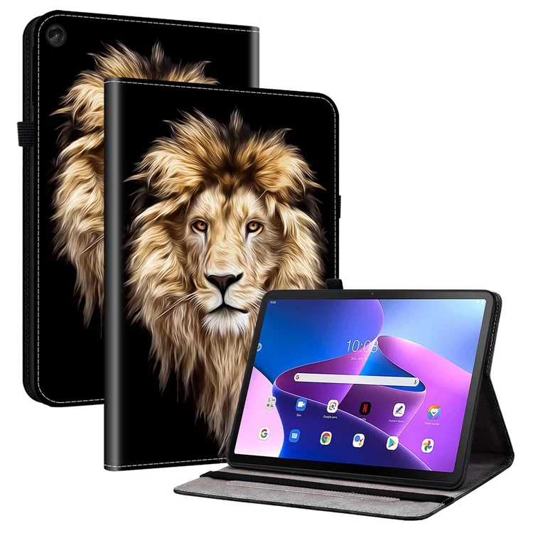 Étui en cuir pour Lenovo Tab M10 Plus (3e génération) avec motif imprimé, support et emplacements pour cartes - Tête de lion