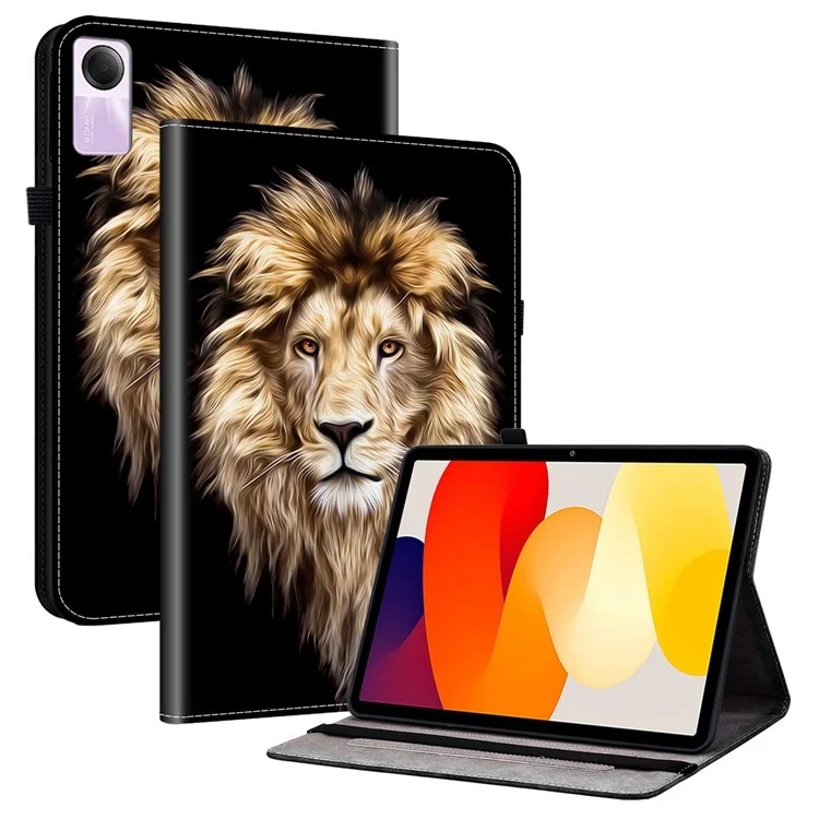 Étui en cuir pour Xiaomi Redmi Pad SE avec motif imprimé, support et fentes pour cartes - Tête de lion