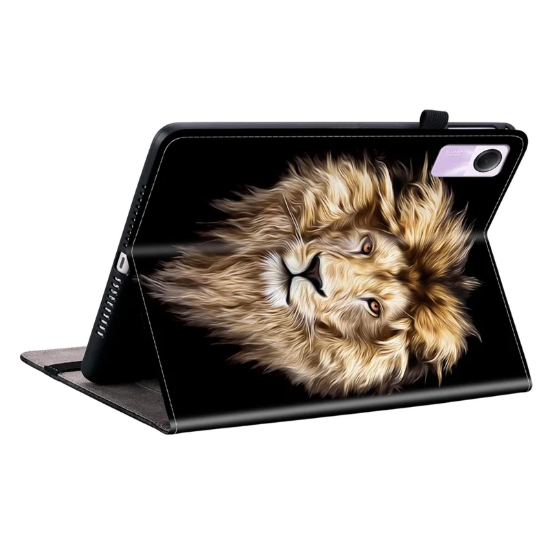 Étui en cuir pour Xiaomi Redmi Pad SE avec motif imprimé, support et fentes pour cartes - Tête de lion