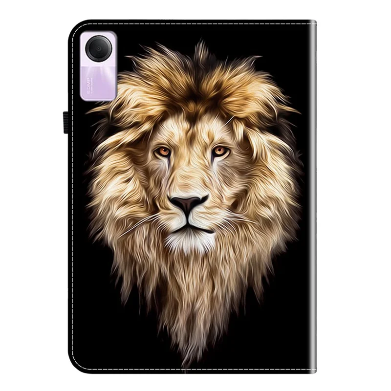 Étui en cuir pour Xiaomi Redmi Pad SE avec motif imprimé, support et fentes pour cartes - Tête de lion