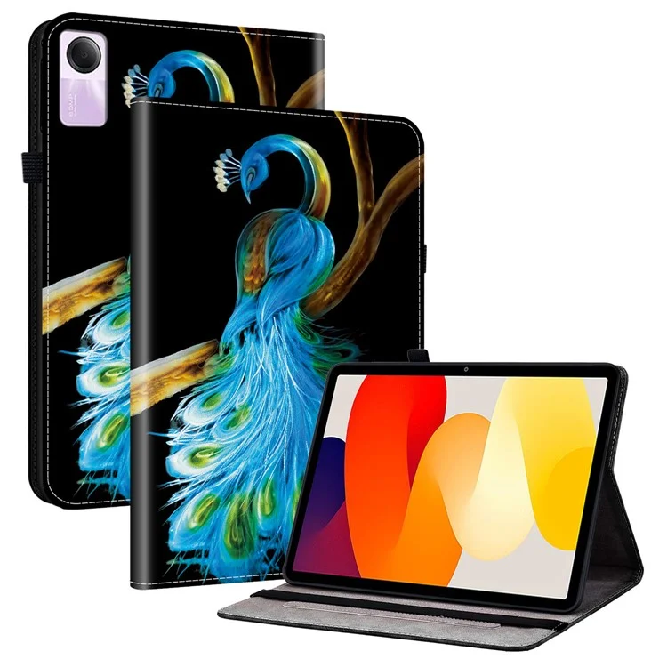 For Xiaomi Redmi Pad SE Leather Case Pattern Printed Stand Tablet Cover with Card Slots - Peacock