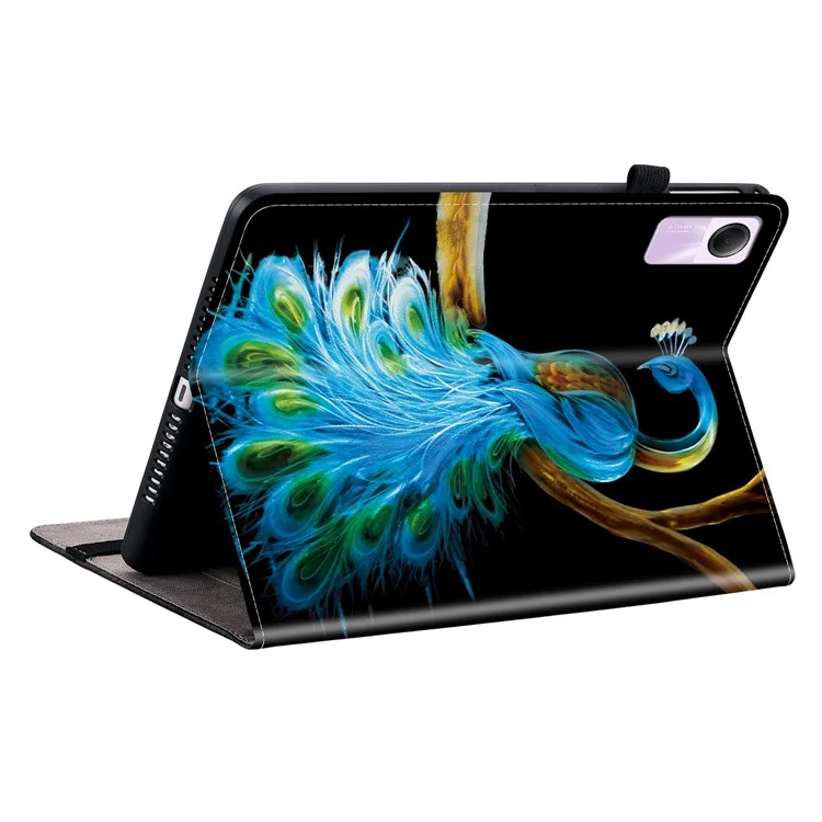 For Xiaomi Redmi Pad SE Leather Case Pattern Printed Stand Tablet Cover with Card Slots - Peacock