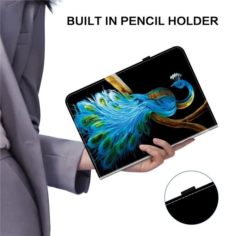 For Xiaomi Redmi Pad SE Leather Case Pattern Printed Stand Tablet Cover with Card Slots - Peacock