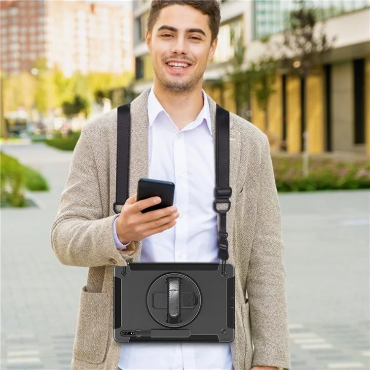 For Samsung Galaxy Tab S8 Ultra Shockproof Kickstand Tablet Case Hand Strap Pencil Holder PC + Silicone Cover with Shoulder Strap