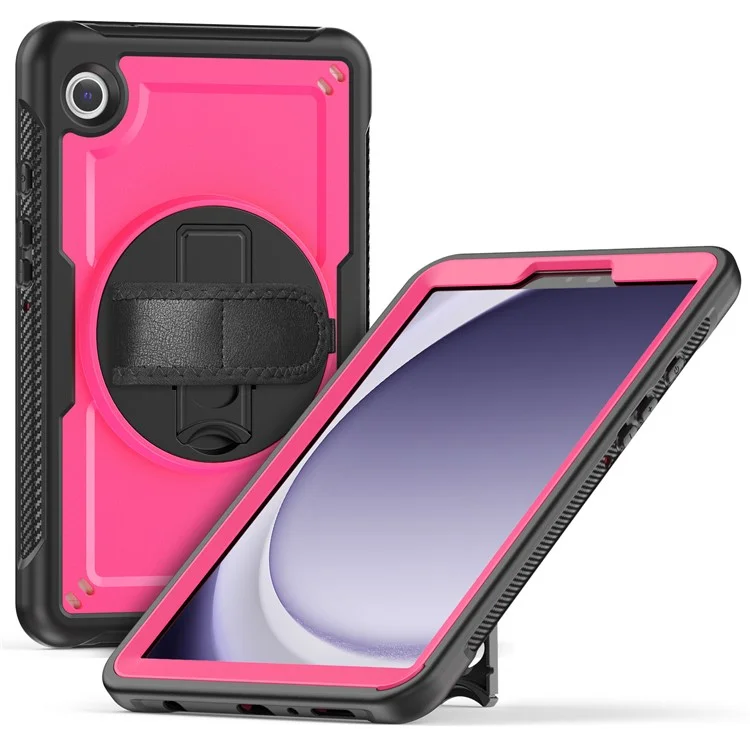 For Samsung Galaxy Tab A9 (SM-X110  /  X115  /  X117) Case Rotating Kickstand PC + TPE Shockproof Tablet Cover with Hand Strap - Rose