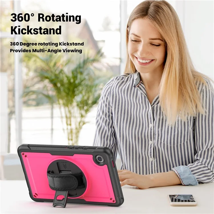 For Samsung Galaxy Tab A9 (SM-X110  /  X115  /  X117) Case Rotating Kickstand PC + TPE Shockproof Tablet Cover with Hand Strap - Rose