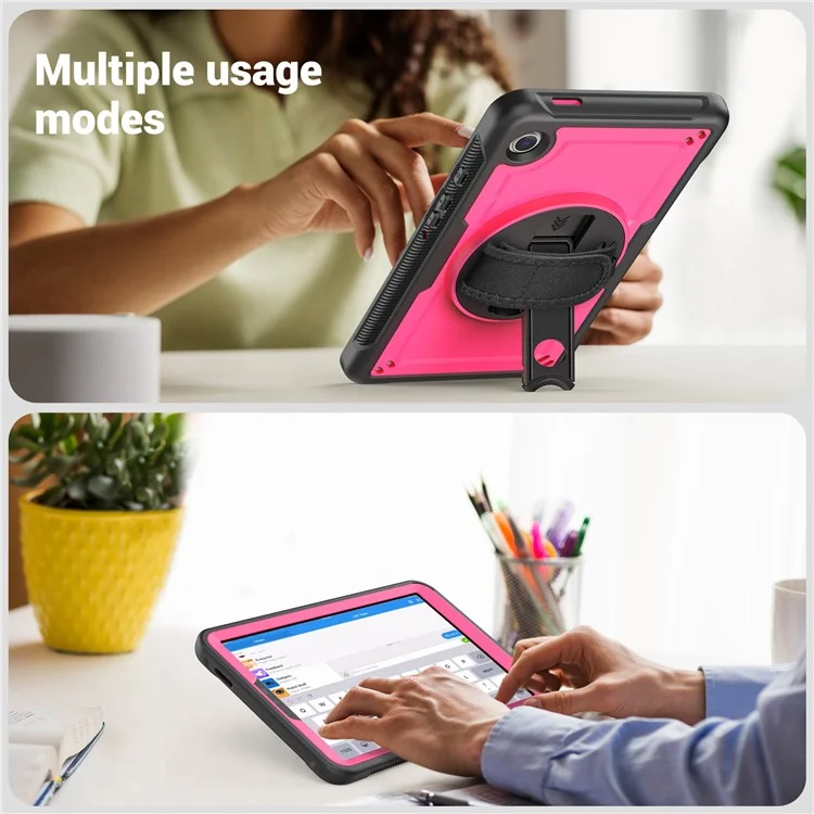 For Samsung Galaxy Tab A9 (SM-X110  /  X115  /  X117) Case Rotating Kickstand PC + TPE Shockproof Tablet Cover with Hand Strap - Rose