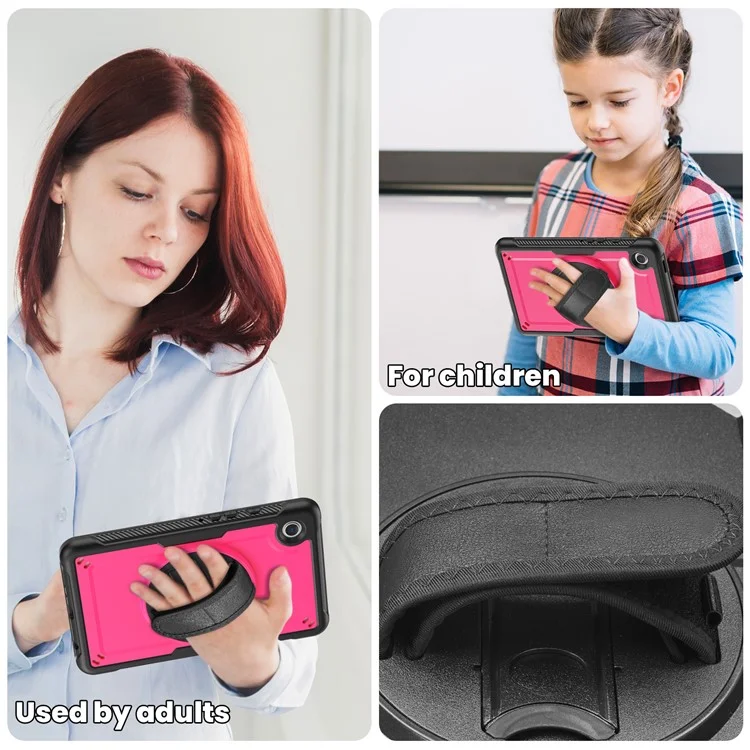 For Samsung Galaxy Tab A9 (SM-X110  /  X115  /  X117) Case Rotating Kickstand PC + TPE Shockproof Tablet Cover with Hand Strap - Rose