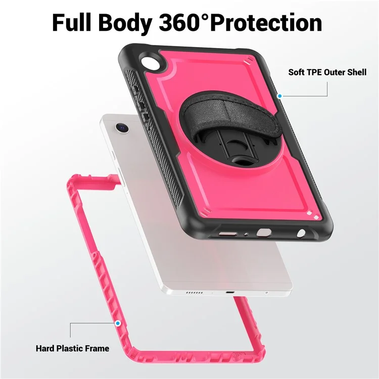 For Samsung Galaxy Tab A9 (SM-X110  /  X115  /  X117) Case Rotating Kickstand PC + TPE Shockproof Tablet Cover with Hand Strap - Rose