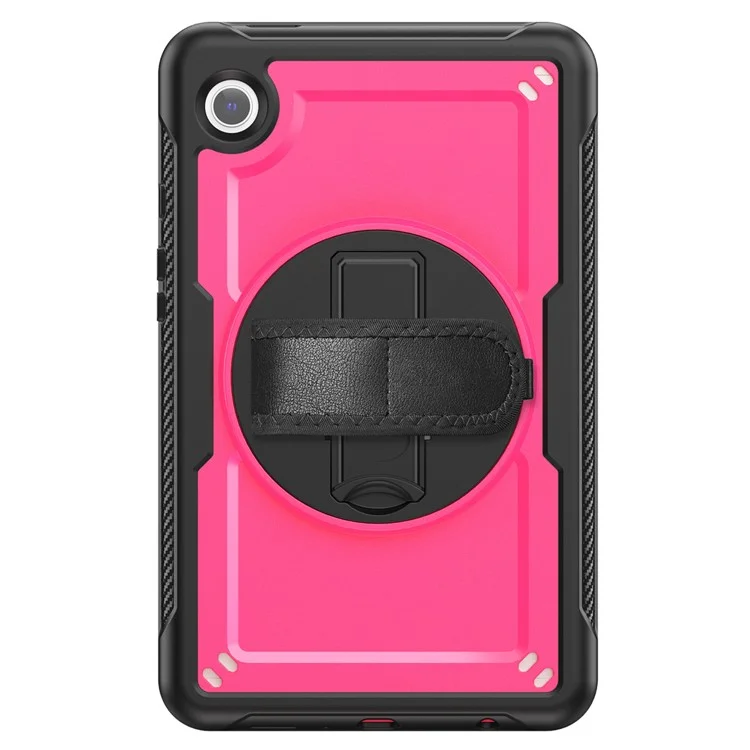For Samsung Galaxy Tab A9 (SM-X110  /  X115  /  X117) Case Rotating Kickstand PC + TPE Shockproof Tablet Cover with Hand Strap - Rose
