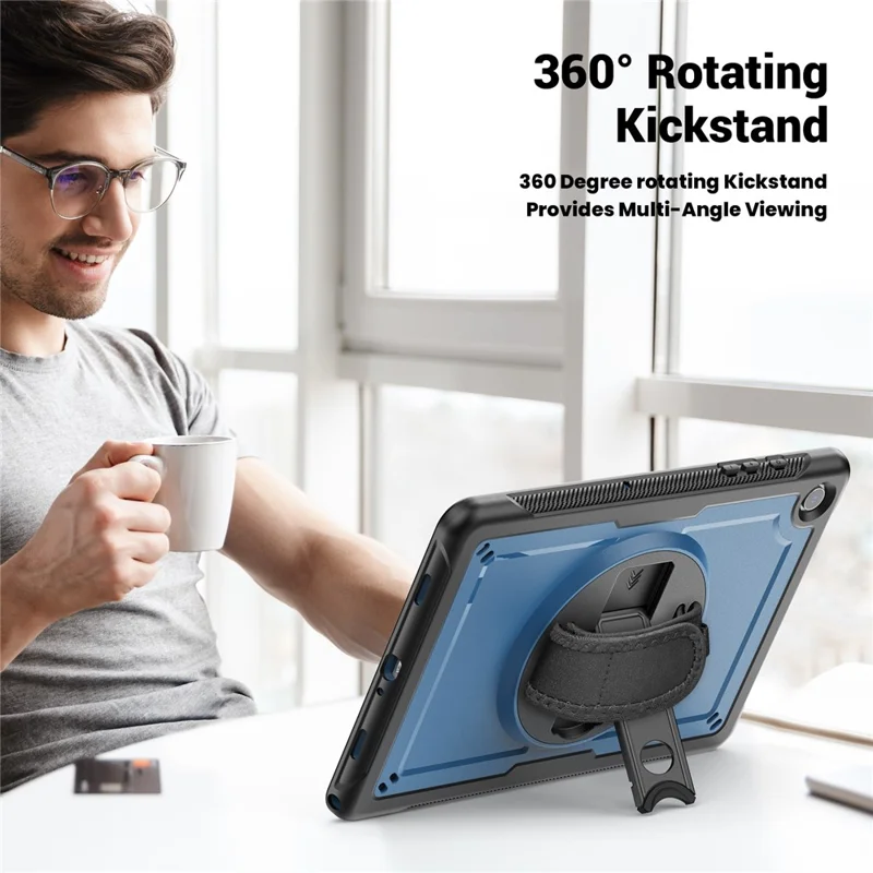 For Samsung Galaxy Tab A9+ (SM-X210  /  X215  /  X216  /  X218) Case Rotating Kickstand PC + TPE Shockproof Tablet Cover with Hand Strap - Navy Blue