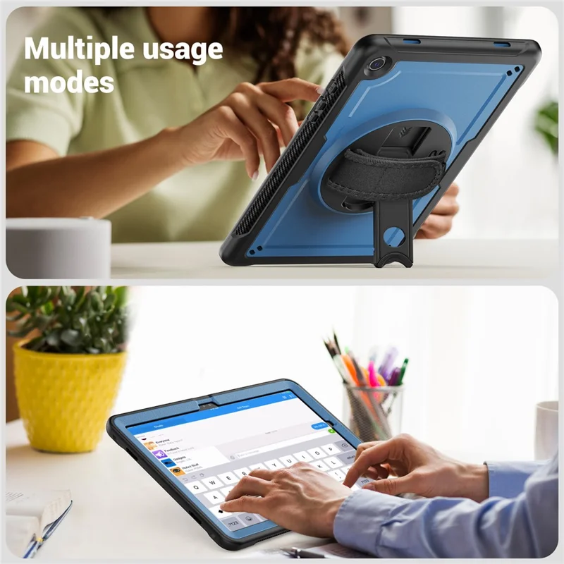 For Samsung Galaxy Tab A9+ (SM-X210  /  X215  /  X216  /  X218) Case Rotating Kickstand PC + TPE Shockproof Tablet Cover with Hand Strap - Navy Blue