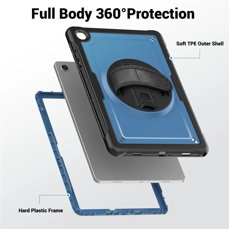 For Samsung Galaxy Tab A9+ (SM-X210  /  X215  /  X216  /  X218) Case Rotating Kickstand PC + TPE Shockproof Tablet Cover with Hand Strap - Navy Blue