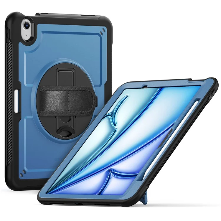 For iPad Air 11 (2025) M3 A3266  /  (2024) M2 A2902 Case Rotating Kickstand PC + TPE Shockproof Tablet Cover with Hand Strap - Navy Blue