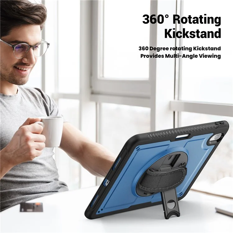 For iPad Air 11 (2025) M3 A3266  /  (2024) M2 A2902 Case Rotating Kickstand PC + TPE Shockproof Tablet Cover with Hand Strap - Navy Blue