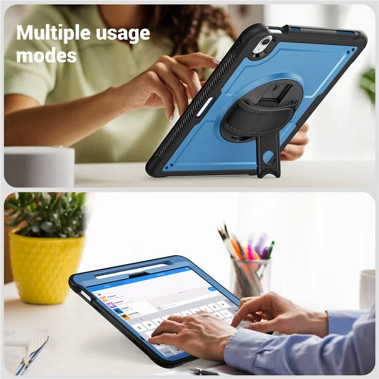 For iPad Air 11 (2025) M3 A3266  /  (2024) M2 A2902 Case Rotating Kickstand PC + TPE Shockproof Tablet Cover with Hand Strap - Navy Blue