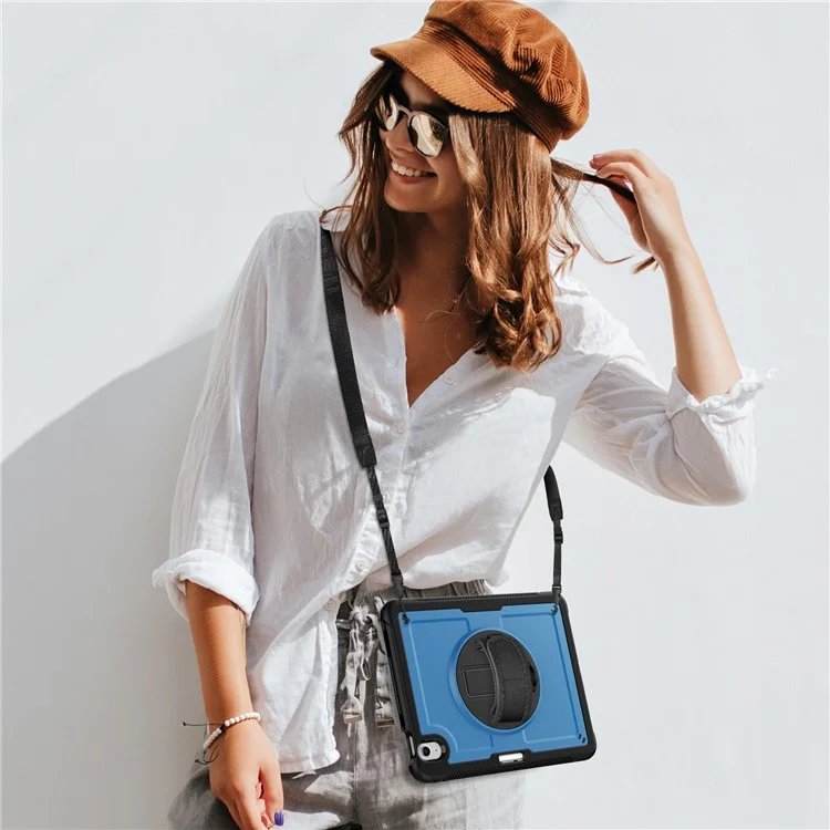 For iPad Air 11 (2025) M3 A3266  /  (2024) M2 A2902 Case Kickstand PC + TPE Tablet Cover with Hand Strap and Shoulder Strap - Navy Blue