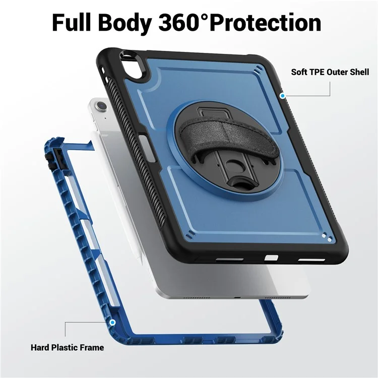 For iPad Air 11 (2025) M3 A3266  /  (2024) M2 A2902 Case Kickstand PC + TPE Tablet Cover with Hand Strap and Shoulder Strap - Navy Blue