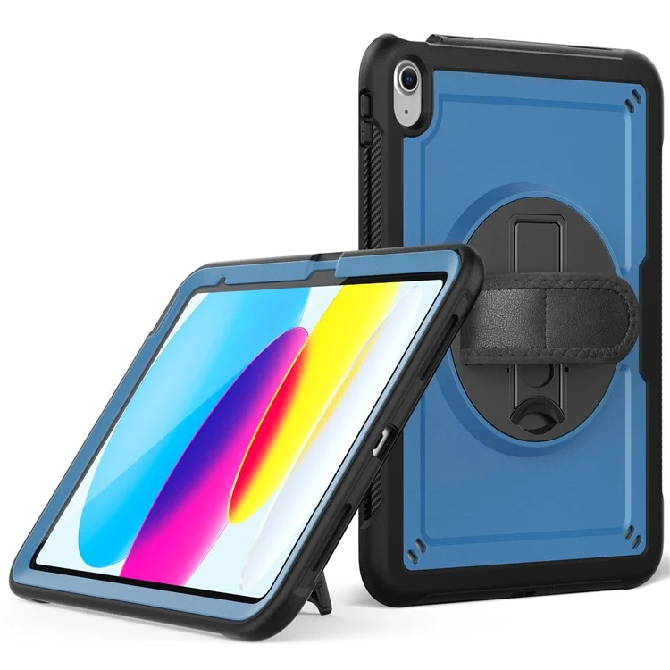 For iPad (2025)  /  10.9 (2022) Case Rotating Kickstand PC + TPE Shockproof Tablet Cover with Hand Strap - Navy Blue