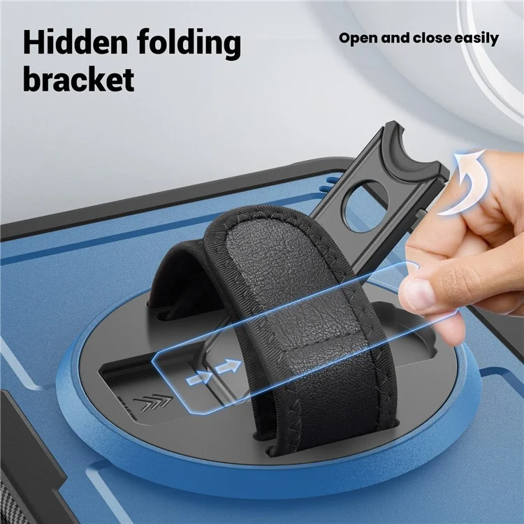 For iPad (2025)  /  10.9 (2022) Case Rotating Kickstand PC + TPE Shockproof Tablet Cover with Hand Strap - Navy Blue