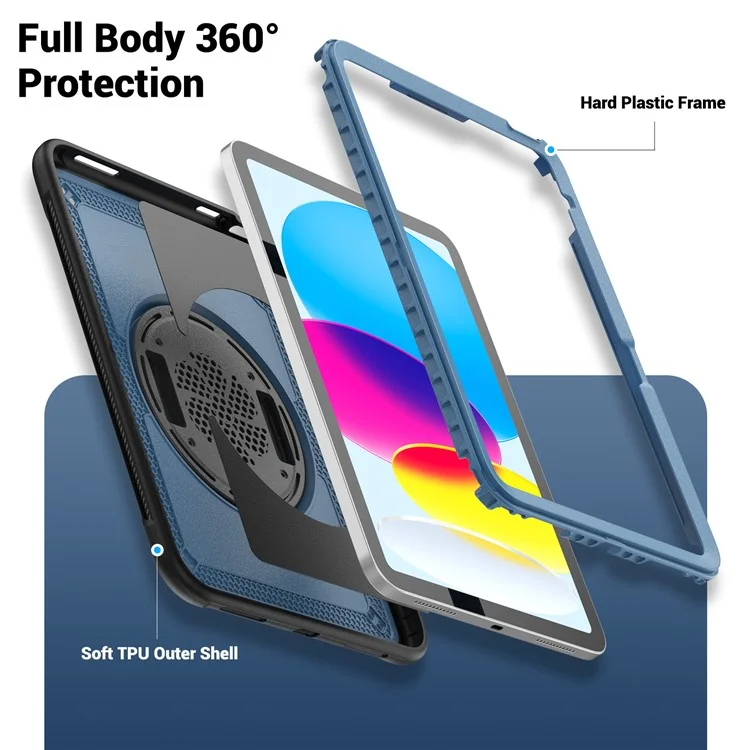 For iPad (2025)  /  10.9 (2022) Case Rotating Kickstand PC + TPE Shockproof Tablet Cover with Hand Strap - Navy Blue