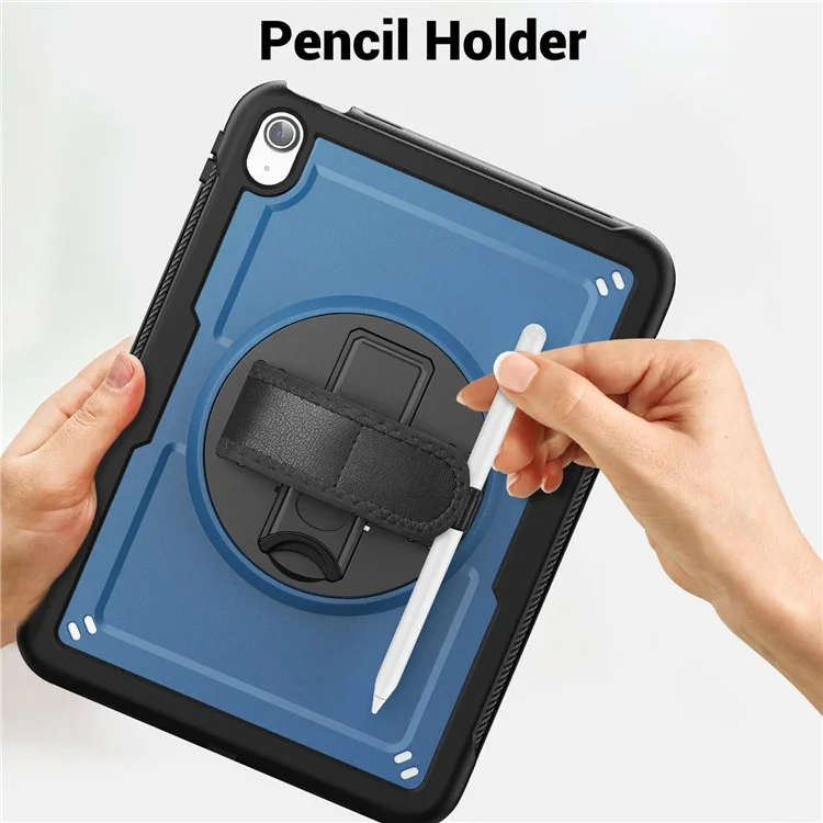 For iPad (2025)  /  10.9 (2022) Case Kickstand PC + TPE Tablet Cover with Hand Strap and Shoulder Strap - Navy Blue
