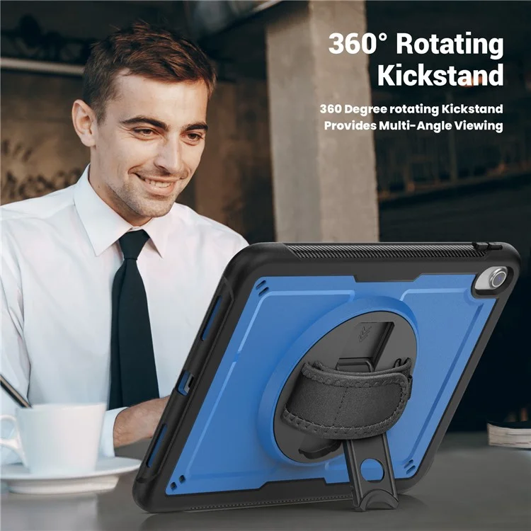 For iPad (2025)  /  10.9 (2022) Case Kickstand PC + TPE Tablet Cover with Hand Strap and Shoulder Strap - Navy Blue