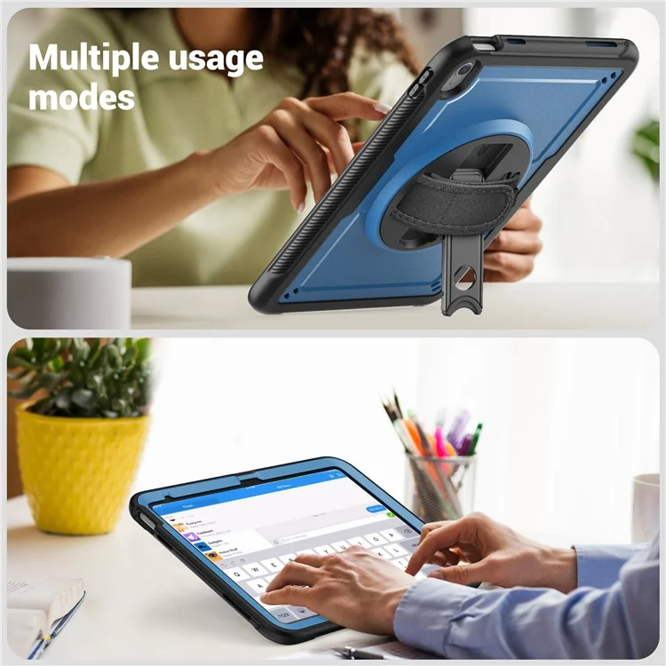 For iPad (2025)  /  10.9 (2022) Case Kickstand PC + TPE Tablet Cover with Hand Strap and Shoulder Strap - Navy Blue