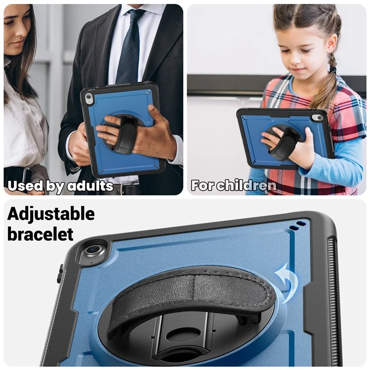 For iPad (2025)  /  10.9 (2022) Case Kickstand PC + TPE Tablet Cover with Hand Strap and Shoulder Strap - Navy Blue