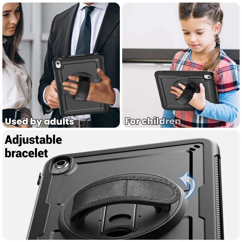 For iPad (2025)  /  10.9 (2022) Case Kickstand PC + TPE Tablet Cover with Hand Strap and Shoulder Strap - Black